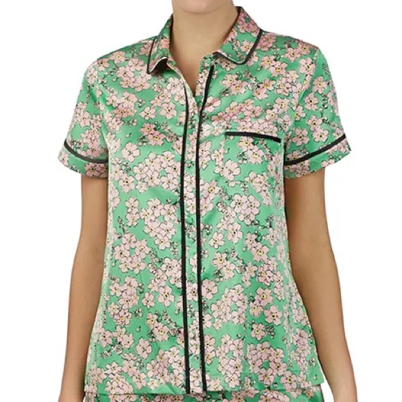 Kate Spade Charm Floral Button Down Pajama Top Short Sleeve Green & Pink Sz Med - Picture 16 of 16